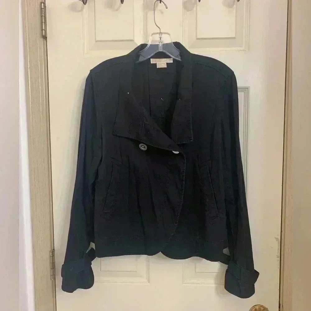 Michael Kors Women's Utility Jacket 6 Button Black Pockets Sleeve Buckle Size L